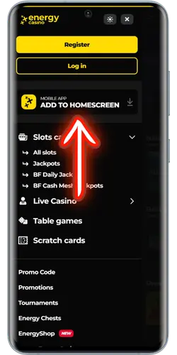 Energy Casino side menu